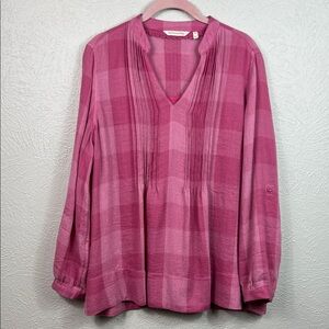 Soft Surroundings Mauve Pink Tonal Plaid 3/4 Sleeve Top Tank Top Large Petite